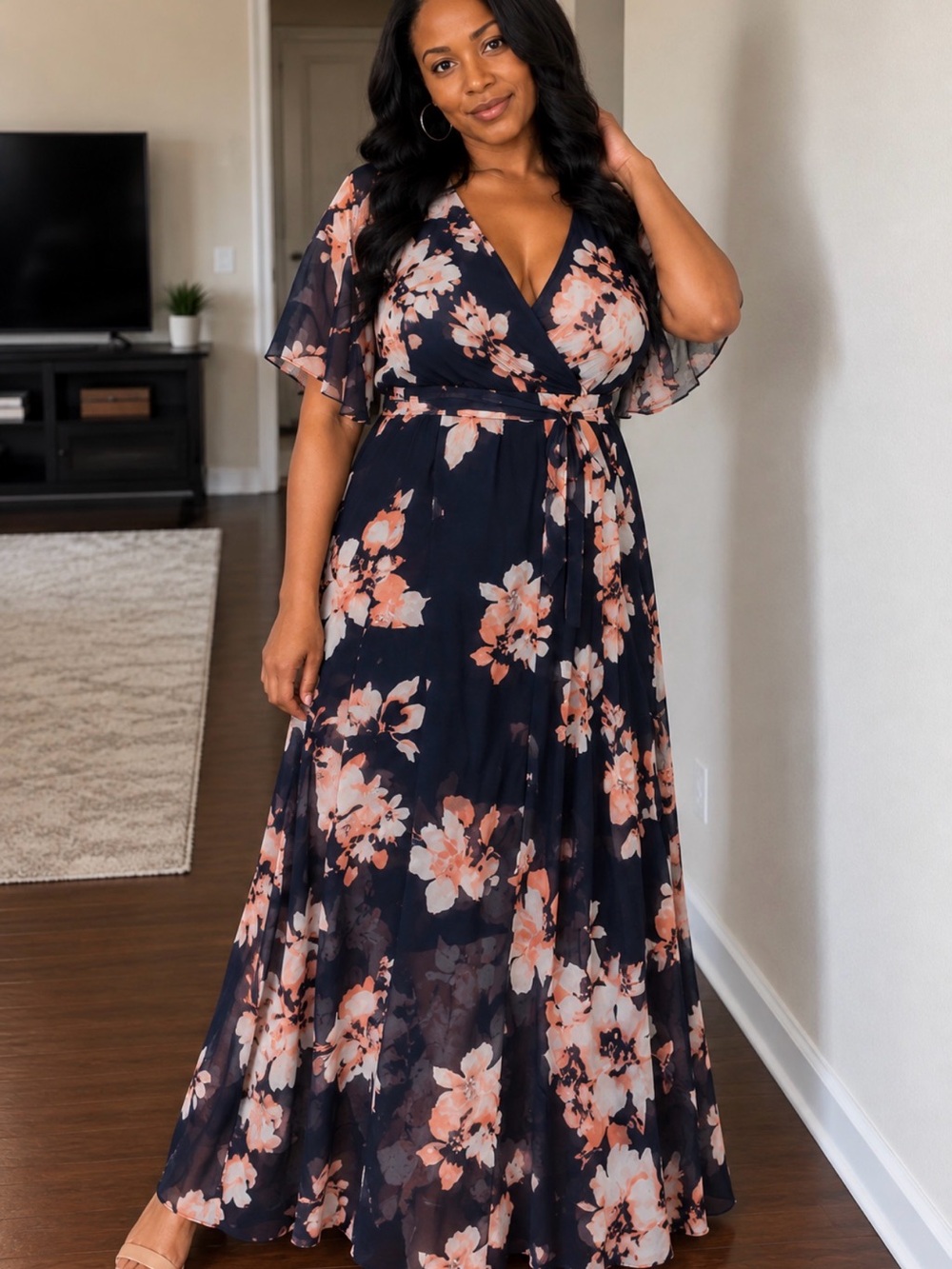 Lane Bryant Navy Maxi Dress with Peach Floral Print